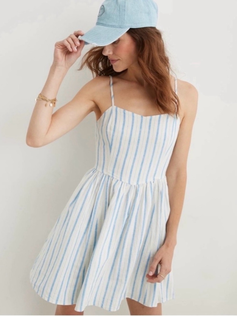 Aerie love of linen striped mini dress size small blue white
